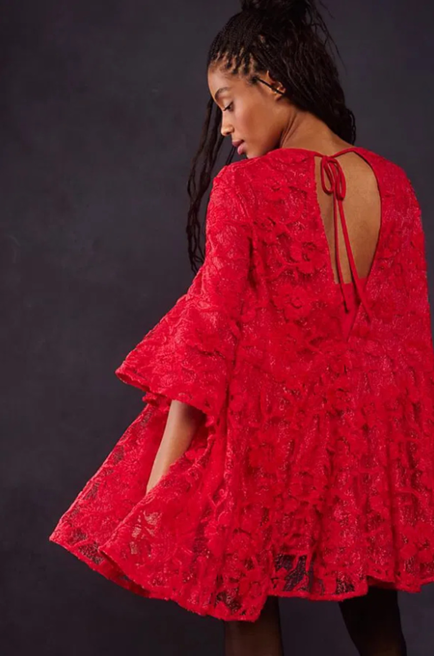 Free People LE FLEUR Floral Lace Babydoll Swing Mini Dress in Red XS NWT $198